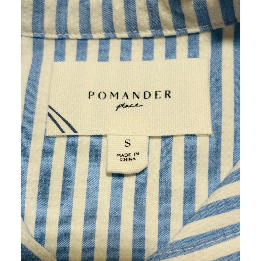 Pomander Place Selena Blouse Blue White Stripe Seersucker Puff Sleeve Top S NWOT